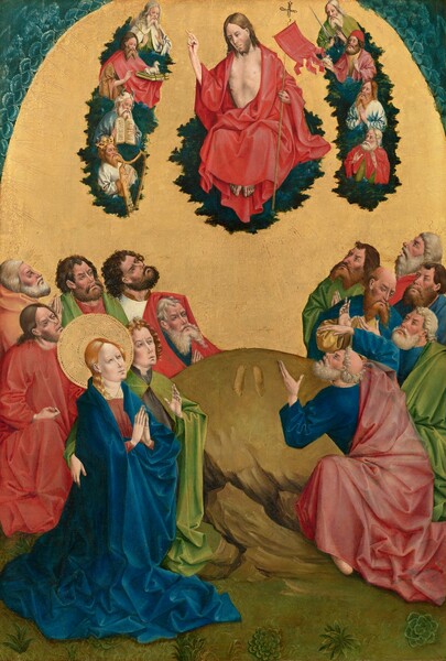 Twelve men and a woman kneel on the ground to either side of a moss-green rock and gesture or gaze up at a man floating on a black cloud, flanked by eight men, four to each side, in this vertical painting. The scene has an arched top with a shiny gold background within the curve. All the people have pale skin. The man at the top center, Jesus, sits enveloped in a red robe over a bare chest and feet. He looks down and to our left with light brown eyes under furrowed brows, and his brown hair falls to his shoulders. He has a long, straight nose, a curly beard, and his lips are closed. He holds up his right hand, on our left, with the first two fingers raised. In his other hand, he holds a thin, cross-topped staff with a fluttering red pennant marked with a cross. Red wounds pierce the palms of both hands and blood seeps from a gash over his right ribs. Bands of black clouds, one on each side, are occupied by four bearded men seen from the waist up in a vertical row, looking toward Jesus. Each man holds an object or two, including a palm frond, a book and miniature unicorn, two stone tablets, a harp, or sword, or they hold their hands up in prayer. In the upper corners, above where the gold background arches down, winged angels are painted in translucent white against a navy-blue background. Below Jesus and his cloud, a group of six men to our right and six men and a woman to our left create loose parentheses to either side of a smooth, rounded, green rock. The rock appears broken along the bottom and two footprints are impressed into the top. Closest to us to our left, a woman with pale skin and blond hair, wearing a deep, cobalt-blue mantle over her shoulders, looks up with light eyes and a slight smile on small lips. She holds her hands together in prayer and has a wide, flat, gold halo surrounding her head. Next to her, a cleanshaven young man with blond, curly hair, wearing a green cloak, wraps one arm around her and holds his other up in front of his chest. The other men all have trimmed or long beards. Some are balding with gray or white hair, and some have thick, chestnut or cinnamon-brown hair. They wear robes in crimson red, emerald green, lapis blue, or apricot orange. Most look up to the sky with furrowed brows, but one man, to our right, looks down at his neighbor. A row of leafy plants sprouts along the bottom edge of the painting, under the rock. Rays of light, created by lines incised into the gold background, radiate down from Jesus and upward from the heads of the people below.