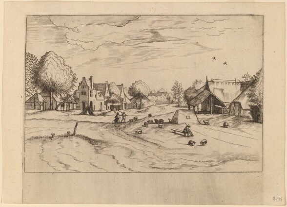 Country Village with Sheep and Sitting Shepherd