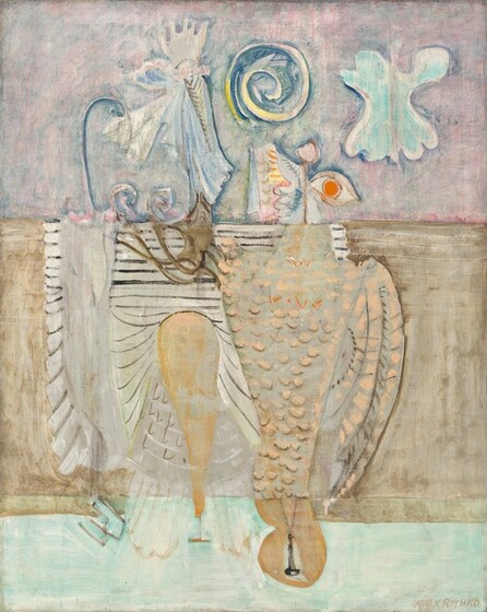 Two bird-like creatures almost fill this this vertical abstract painting. Behind them, the composition is divided into three horizonal zones. The top zone is layered with washes of pink and blue. The middle has vertical and horizontal strokes of ash brown over tan. The third zone, along the bottom, has broad strokes of mint green and white. The two bird-like creatures span the height of the middle zone, with their heads extending into the top zone and their tails into the bottom. The creature on our right looks more like a bird, with a light gray, wedge-shaped body covered with peach-colored dabs that suggest plumage. A curved wing-like shape emerges from its right side. A spindly neck and an orange eye facing our right in profile extend into the upper, pink and blue zone. In that zone, above the bird’s head, are a blue and yellow spiral, at the top center of the painting, and a mint-green, curving form reminiscent of a butterfly near the upper right corner. The creature on our left is more difficult to follow. In the upper zone, a ghostly, rooster-like head faces our right in profile, with a coxcomb and long, beard-like shape striped with angled, chevron lines down its length. In the middle, a form that could be the bird’s wide body has horizonal black lines against a white field. The white areas curve around a peach-colored shape, like a fat, cartoonish exclamation point, up the center. What could be tail feathers fan out into the mint-green zone along the bottom. The artist signed the lower right corner, “MARK ROTHKO.”
