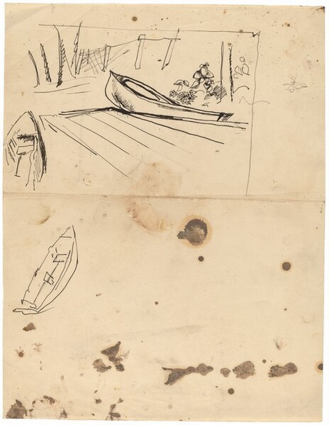 Two Small Boats Docked, and Sketch of a Small Boat