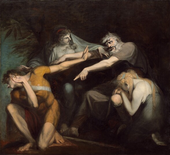 The bodies of four people are locked together through dramatic gestures and poses against a dark background in this nearly square painting. The two men and two women all have pale white skin and together they almost fill the composition. A man with a white beard and hair wears a short sleeved brown garment and sits to the right of center. His body faces our left and both of his arms reach straight out at shoulder height. His head juts forward and his bulging eyes appear white. He points towards a younger man kneeling in front of him with his left hand. Near the left edge of the canvas, the younger man’s body also faces our left and kneels on his left knee. His body leans forward over his right knee, which is bent so his foot is flat on the ground. His head is thrown back and his right hand, on our left, crosses his body and is raised as if to shield his face. His opposite arm extends so that the raised flat of his hand is close to the old man’s face. The young man has dark hair and wears a tight-fitting, short-sleeved golden yellow tunic. One woman with long blond hair rests her hands and forehead head on the old man’s knee in the lower right corner. The second woman stands behind the pair of men with her arms spread wide so one hand reaches over the shoulder of the old man and her opposite hand nearly touches the younger man’s head. She has long, curly brown hair and she looks at the older man with her lips parted. Both women wear white and pale gray garments and their skin is noticeably pale, as if carved from white marble. There is the suggestion of blue sky beyond some trees along the left edge of the composition but the rest of the background is deep in shadow.