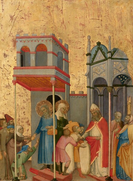 Beneath two tall, tower-like structures, thirteen men, women, and children gather to give or receive food and foodstuff, all against a shiny gold background in this vertical painting. All the people have light skin tinged with green. To the left of center and under the left structure, an older, bearded man and woman have flat, round halos punched with rings of tiny circles. The man, Joachim, stands with his body angled to our left as he looks down to a group of five people gathered along the left edge of the painting. Joachim has shoulder-length, curly, gray hair and a long, wavy beard. His brow is furrowed and his lips closed. He wears a gold-trimmed, royal-blue, ankle-length robe and gray, pointed shoes. The handle of a basket holding bread rolls is hooked over one forearm, and he holds a roll out to the group with the other. In the group to our left, two people stand at the back while a man and a woman stoop over walking sticks, and the fifth person kneels as he holds a hand up toward Joachim. The kneeling person braces his other hand on a low crutch by his knee. The people here wear tattered and patched robes in fawn brown, moss green, ruby red, or tan. Just beyond Joachim’s shoulder, the woman with the halo, Anna, stands with her body angled in the opposite direction, to our right. She wears an ivory-white head covering that also wraps across her neck and shoulders, and an emerald-green, long-sleeved dress. She holds a rectangular object with a spout, presumably a vessel, in front of her body as she looks toward the group gathered to our right. Just across from her, under the right-hand structure, a bearded man with long, gray hair stands wearing a crimson-red, gold-edged cloak over a long white robe. He also wears a conical, pointed white headpiece with a gold crown around its base. The man holds out one hand to the three boys gathered between him and Anna. The boys wear togas in rose pink or marigold orange, and they hold two tall, white sacks. Also under the right-hand tower and along the right edge of the composition, two more bearded men stand close together, gesturing toward each other as if in conversation. Each structure has a back wall leading up to a box-like second story, which is supported at the front with thin columns. The left structure has a dark, arched opening behind Joachim and Anna, a pumpkin-orange ceiling underneath the second story, and arched openings on that second level. The structure to our right has arched openings supporting a vaulted ceiling, painted with gold stars on a navy-blue background. A narrow, crenelated, slate-gray wall connects the two structures. Areas of red, especially around cracks, show through the shimmering gold background above and around the structures.