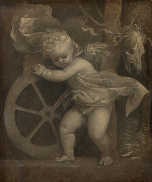 Painted entirely with tones of white and gray, a pudgy, winged baby-like putto, Cupid, holds onto a wheel in this vertical canvas. Cupid’s body is angled to our left, where he hunches over the shoulder-high wheel. He has round cheeks, delicate facial features, and chubby rolls at his wrists and thighs. He is nude except for white cloths fluttering across his torso and another lifting up behind him from around his neck. His face turns to us, and he looks down. Both hands are draped over the spoked wheel to our left. A tree grows behind Cupid, to our right, and an animal skull hangs from ribbons on a low branch, in the upper right corner of the canvas. The skull has a long muzzle like a deer. Cupid’s short curls, the cloths, and the ribbons swirl in different directions. A few plants grow around the base of the tree and clouds billow in the shallow background.