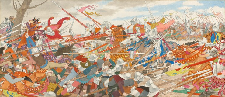 This horizontal painting is tightly packed with colorfully dressed groups of soldiers and knights on horseback surging toward each other. The scene is created with small areas of vivid, mostly flat color, almost like a collage. Long lances and spears create a forest of diagonals among the battling men. The hands and the few faces we can see are painted with pale, peachy skin. The soldiers on the left side wear tunics and leggings in tones of pumpkin orange, sage green, rose pink, ruby red, or azure blue. Most wear pointed, silver helmets with wide brims, and many hold lances as they charge the knights to our right. Near an ash-gray tree in the upper left, a rust-brown horse rears up among the throng, as his rider leans back and pulls on the reins. One person has been lifted off the ground while trying to hold the horse’s bridle. More knights on horseback sweep in from the right wearing silver armor, and riding gray, saffron orange, or brown horses. Several aim carrot-orange lances wrapped with white stripes at the enemy. The horses lunge forward with gaping mouths and wide eyes, their front legs outstretched. A band of knights in the distance in the upper right hold butter-yellow, celery-green, powder-blue, and white pennants that snap in the wind. The blue sky above the battle is scattered with white clouds on the right that transition to darker, tan clouds on the left. The artist signed the lower left corner, “M. Boutet de Monvel.”