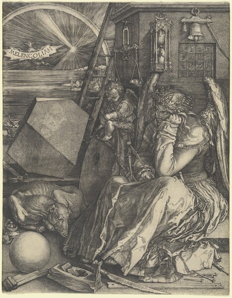 Created with fine black lines printed on an ivory-white paper, a winged woman sits with her head in one hand, surrounded by tools, a dog, and a baby-like, winged putto perched on a millstone, all in front of a distant landscape with a still body of water under an arched rainbow in this vertical engraving. Filling the lower right quadrant of the composition, the winged woman, Melencolia, sits with her body angled to our left, and she looks in that direction from under furrowed brows. Lit from our right, her face is cast in shadow, but she has a straight nose and her lips are closed. She wears a ring of leaves over hair that falls in waves over her shoulders. Wings curve up from her back, and she wears a long-sleeved dress with a tight bodice and a voluminous, pleated skirt. She rests her chin on one tightly closed fist. The other arm rests on a book in her lap, and she holds one of the two legs of a tall compass in that hand. Several keys hang on a ribbon looped onto her belt, and they nestle into the deep folds of her skirt. Around her feet are a purse cinched closed, several nails, the metal tip of a bellows, a saw, a plane, the end of a pair of pincers, an ink pot, a molder’s form for baseboards, and a round sphere about the size of a basketball. The dog lies in a tight circle to our left of Melencolia’s feet, its chin resting across its paws. The dog’s ribs show through the short fur of its hide. Next to the dog, the millstone leans against the building that fills the right half of the composition. The millstone is round and flat, is about the height of the woman's torso, and a hole is cut from its center. A chubby child sits atop the stone. It has short, curly hair, stubby wings, a loose robe, and it draws on a tablet propped on its lap. Beyond the child, a wooden ladder leans against the building, and a pair of scales hangs above his head. On the face of the building, hanging over Melencolia’s head, is an hourglass with the sand about halfway spent and a magic square, which is a grid of four rows and four columns. The numbers in the grid read, from left to right, 16, 3, 2, 13 in the top row; an upside down 5, a 10, 11, and 8 in the second row; a backward 9, a 6, 7, and 12 in the third row; and a 4, 15, 14, and 1 in the bottom row. A bell hangs from a ring above this grid. On the step beyond the sleeping dog and millstone, another large stone is carved into flat planes to create an irregular, geometric, rhomboid form about as tall as the millstone. A hammer lies in front of the rhomboid, and beyond it is a melting pot sitting among tongues of flame in a mug-like cup. In the upper left quadrant of the composition, a placid body of water leads back to a distant town and small boats, beneath a starburst that fills the sky. An arched rainbow crosses the sky over a rat-like bat with its sharp teeth and tongue showing. It holds a banner reading “MELENCOLIA I.” The artist signed and dated the engraving as if he had carved into the front face of the step on which Melencolia sits, near the lower right corner: “1514 AD,” with the uppercase D nestled between the long legs of the wide, uppercase A.