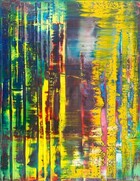 Vibrant, lemon-yellow, plum-purple, cobalt blue, spring and mint green, cotton-candy pink, and crimson are layered, streaked, and blended in loose columns in this vertical abstract painting. The artist created this by pulling a long squeegee—as tall as this canvas—across from our left to right to smear and expose layers of paint. Vertical bands of contrasting color suggest that the squeegee was paused or pressed down at intervals. For instance, in a field dominated by bright yellow on the right half of the composition, one vertical band seems to expose underlayers of bubble-gum pink and azure-blue. The left half of the painting is mostly blues, greens, and purples, with touches of the same yellow that covers much of the right half. Separating the two halves, a wide streak of slate-blue, turquoise, plum-purple, white, and yellow blend in some areas to almost make brown. 
