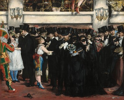 A densely packed crowd of men and women, all of them with pale skin and most of them wearing black, stand in a theater lobby beneath a mezzanine level that runs close to the top edge of the composition in this horizontal painting. Because the crowd spans the width of the composition, the first impression is of a mass of deep black stretching across the canvas. Slowly, individual faces and poses become evident. Five of the women wear black, oval masks that cover their eyes and noses, and one more mask has fallen onto the rust-red floor below. Two women, wearing bright white and colorful clothing, engage some of the men in conversation. A man cropped by the left edge of the painting wears the green, red, and gold costume and pointed cap of a court jester. Two gold and glass wall sconces hang on the cream-colored wall behind the crowd, one near each top corner. The space within the mezzanine level above is painted loosely so details are difficult to make out, but a pair of legs clad in black britches and white stockings seems to stand with ankles crossed at the top center. A leg wearing a red, high-heeled ankle boot dangles outside of the railing to the right. The brushstrokes are loose throughout. The artist’s signature appears on a piece of discarded paper on the floor near the lower right corner: “Manet.”