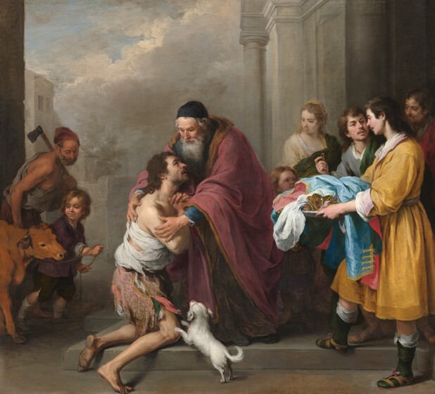 A barefoot man wearing tattered clothing, with his hands clasped at his chest, kneels at the feet of an old, bearded man in this almost square painting. The pair is flanked by five people on our right and a man, boy, and calf on our left. All the people have pale skin. The kneeling man faces our right in profile and tilts his head up to look at the old man who embraces him. The younger man has shaggy, dark brown hair and a heavy five o'clock shadow. A small white dog jumps at his dirty, bare feet. The old man has a long gray beard and wears a black skullcap over gray hair. His voluminous dusty rose-pink cloak drapes over a teal-blue robe. To our right of the pair are a child, a woman, and three men. Some look at the embracing men while the others look at each other. At the front of that grouping, two men have brown hair and wispy mustaches. One wears a golden-yellow tunic and holds a silver tray piled with a shimmering sky-blue and pale pink garment, a bright white shirt, and a pair of sandals. Just beyond him and looking into his face, the second man wears gray with a dark green cloak draped over one shoulder. He holds up a gold ring with a ruby-red stone. To our left of the embracing men, a smiling blond boy leads the calf into the scene. Just beyond him is a thin, muscular man carrying an ax over one shoulder as he gazes down at the boy. The scene is set in a courtyard with walls that extend back on either side. Billowing putty-gray and white clouds fill the background.