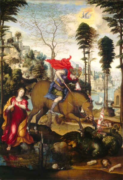 Set in a landscape, a young man holding a broken lance lunges over the neck of his horse to look at the body of a forest-green dragon on the ground beneath them, while a young woman looks on from our left in this vertical painting. The man and woman both have light skin. The horse and rider are in the center, facing our right, and the man’s scarlet-red cape flutters upward. His right arm, to our left, is bent sharply as he thrusts the shard of the red-and-white striped lance down. His eyebrows are drawn together, and his mouth is open, the corner we can see pulled down. Form-fitting, royal-purple armor protects his torso, and he wears a bronze and silver helmet topped with red and white feathers. His muscular arms are bare, as is the knee we can see between a celery-green skirt and a gray sandal that covers most of that shin. His saddle and saddle blanket are blueberry blue. The brown horse has a dark mane and tail. It lunges forward and down with mouth wide open and teeth bared, so it trounces or pins the dragon beneath its front legs. The dragon is curled in a ball on the lower right side of the composition with its head wrenched backward onto its body. Crimson-red drops of blood drip from its gaping mouth. The young woman stands on the left side of the composition with one knee kneeling on a tall rock. She faces us, wearing a cranberry-red gown under a gold cloak that drapes from her right shoulder, to our left, across her back, and over the other knee. A delicate gold crown rests on her dark blond hair, and she lifts her eyes to look up at the man. Her hands are raised in front of her chest, with gold bracelets and chains hanging from her wrists. In the lower right corner of the painting, a severed foot, arm, and two heads lie near the dragon. Trees with tall, narrow, deep green canopies and one tree with spindly branches lined with delicate leaves separate the scene in front of us from the landscape beyond. In the distance, a city of white stone buildings cluster on a steep hill that rises to our left from a harbor. Tiny in scale, about a dozen people are gathered on two roofs of a multi-level structure, while others move on foot or on horseback down a road leading toward us. The powder-blue sky is scattered with puffy, white clouds. A winged angel surrounded by a butter-yellow aura hovers in the upper right corner.