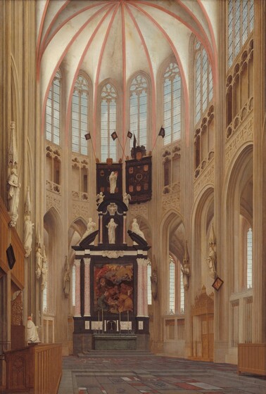 From floor level, we look toward a semicircular apse of a window-lined, light-filled church in this vertical painting. We are situated near the left wall, so we look along that wall into the apse, where there is a painting set in an elaborate frame over an altar. Soaring above us, the cream white walls are divided into three zones, with arched openings at the bottom level, a narrow, shallow walkway above, and a row of tall, arched windows at the top. Vertical, rose-pink ribs between the windows in the top level converge just off the top center of the painting, in a curved, ribbed vault. Five tall windows line the curve of the apse, and two windows in the hall-like nave that we stand in extends to the right and off the edge of the composition. The sky beyond is powder-blue with soft, billowing clouds. In the middle clerestory level below the windows, two dark brown tapestries hang over two of the openings above the altar. There are square, brown pennants on long rods at each of the upper corners, and lighter brown shapes on the tapestries could be coats of arms. One tapestry is dated 1598 and the other 1621. The latter is inscribed with “ALBERTO AVSTRIA CO” and “PATRI PATRIAE SILVA DVCIS DICAT CONSECRAT.” On our level, the lowest level, more light-filled windows peek out from an outer wall that runs behind the arched openings. Stone sculptures of men and women, painted in the same creamy tones as the walls, stand on shallow platforms high on the face of the columns separating the openings. Along the floor, wooden choir stalls are tucked between the columns. The slate gray floor has brick-red and putty-gray squares and rectangles set at irregular intervals. At the end of the apse, across from us, the stone-gray altar is covered with lace-edged cloths, four tall candlesticks, and two pots of flowers. Above it, the large painting is flanked by a pair of columns marbled with carnation pink and white to each side, and is set into coffee-brown and ivory-white architectural framework. The painting shows people and cattle gathered around an infant in a manger, with angels floating above. Near or above the choir stall to our left, a solitary, bald man wearing a voluminous white garment kneels facing away from us, looking toward the altar. The artist inscribed the painting with his name, date, and location as if written on the end of the choir stall to our left: “Ao 1646 pieter Saenredam dit geschildert de sintjans kerck in shartogenbosch.”