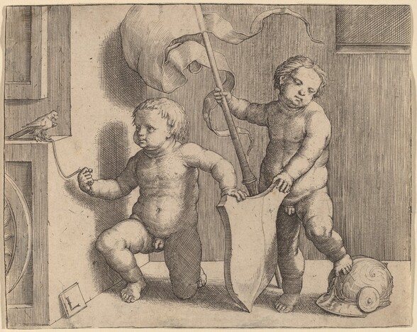 Two Naked Children Supporting a Blank Shield