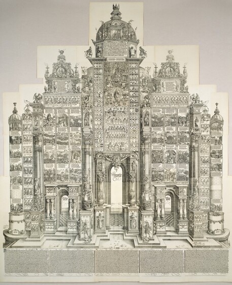 A stepped, ornately decorated structure made up of forty-four individual woodcuts and etchings printed with black ink on ivory-white paper fills this vertical composition. The structure has a tall central tower flanked by two shorter towers on each side. All three have an arched opening at the bottom. The outer towers are then flanked by three columns. Almost every inch of the structure is densely covered with architectural ornaments, coats of arms, Gothic text, and panels showing scenes with people in interiors or huge crowds in landscapes. Some scenes show soldiers engaged in battle, groups of kings and clergy, or individual men. Architectural ornament includes mythical creatures, gargoyles, saints, kings, and cherubs. The arched openings are tall and narrow, and have checkered floors. Words in elaborate Latin script appear inside the top of each of the three arches. Two ringed-tailed creatures resembling monkeys prowl outside the central arch. Two shallow steps lead down from the structure to five panels that line the base of the composition. Those five panels are filled with Gothic text. The date, 