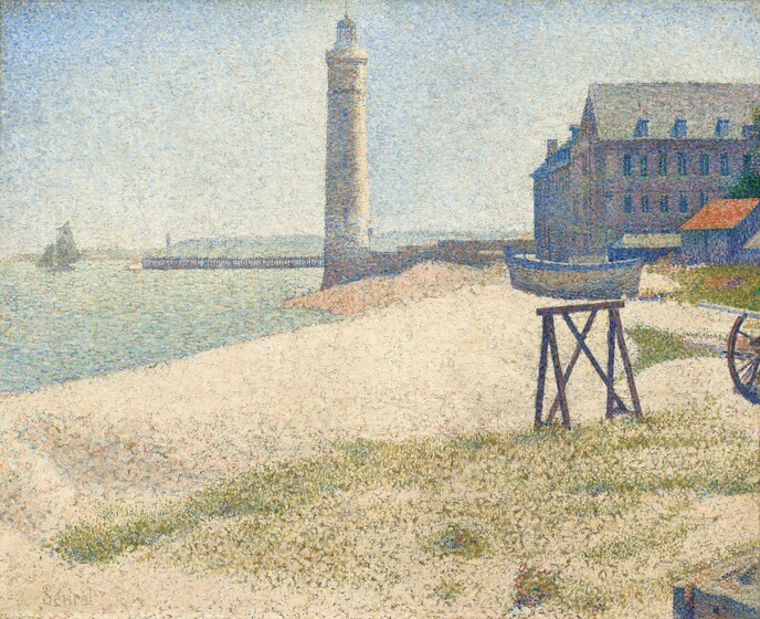 Painted entirely with small dots of pure color mostly in slate and azure blue, olive green, and cream white, this scene shows a sandy beach stretching to a lighthouse at the center and a four-story building to our right in this horizontal seascape. The tall, slender lighthouse standing on the water’s edge a short distance from us is painted with specks of azure and sky blue, ivory, and peach. The rod rising from the top extends off the top of the canvas. In the distance to our left, a pier stretches into the sea along the horizon, which comes about two-thirds of the way up this composition. A sailboat floats just off the pier, near the left edge of the painting. To our right of the lighthouse and extending off the right edge of the canvas, the building has three levels of windows and a row of dormers extending from the tall, peaked roof. The building is painted with touches of dove gray, sapphire blue, and pale pink. In front of the building and to our right, a denim blue shed has a tangerine orange roof. A wooden rowboat outlined in cornflower blue with flecks of dandelion yellow rests on the sand next to the shed. In front of us, dots of moss green blend into the blonde tones of the sand, creating an impression of grass on the beach. Sunlight shimmers on the sea to our left, which is painted with short dashes of mint and seafoam green, baby blue, cream, and shell pink, beneath a clear, ice-blue sky.