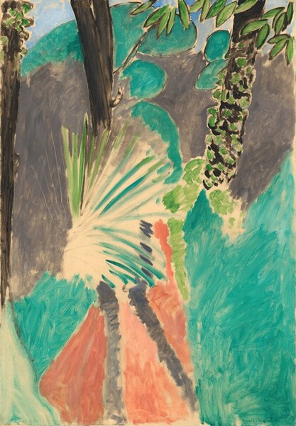 Fields of elephant gray, coral orange, and turquoise surround a fan-like, abstracted palm frond near the center of this vertical, abstract painting. The fronds of the palm radiate like a starburst against unpainted, cream-white canvas. Three black, vertical bands spaced behind the palm suggest tree trunks, with the rightmost trunk dotted with spring-green, perhaps representing moss or the leaves of a vine. The fields of gray to either side of the frond, the turquoise areas below the gray, and the coral at the bottom center are painted with visible brushstrokes, creating a mottled effect. Rounded turquoise forms above the gray are silhouetted against a field of pale blue, perhaps representing the sky along the top edge. A few pointed, oval leaves painted spring-green with black outlines dip into the scene from the top of the composition. The artist signed the work in dark green paint in the lower right: “Henri-Matisse.”