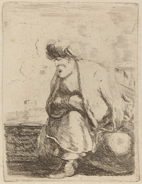 An Old Turk with Turban Seated on a Rock