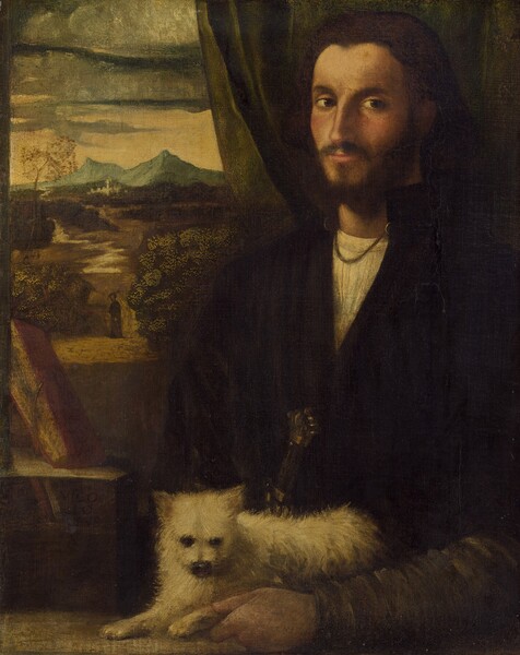 Shown from the waist up on the far side of a table or ledge, a man with a pale, olive complexion rests his arm alongside a small white dog lying on the ledge in this vertical portrait painting. The scene has an overall honey-colored hue over a palette dominated by blacks, olive green, and gold-tinged ivory white. To our right in the composition, the man’s body is angled to our left and he looks out at us from the corners of his dark eyes. He has a straight nose and high cheekbones. A mustache and trimmed beard frame his pink lips, which curve slightly up at the corners. His brown hair is brushed back from a pointed widow’s peak on his forehead, and it blends into the dark olive-green curtain hanging behind him. The high corners of his black robe are connected with a gold chain, and the robe comes to a V over a white shirt. His left hand, on our right, rests on the ledge, near the bottom of the composition. A small dog with pointed ears and shaggy, ivory-white fur is tucked behind the man’s arm, its left paw between the man’s thumb and forefinger. A shaft of black and gold indicate the hilt of a sword, presumably hung from the man’s waist. To our left, a dusty rose-pink book stands on a brown box. Upon closer inspection, an inscription has been painted in black on the upper right corner of the box: “VICO LO OPUS AETA.” Beyond the book, a view of a landscape through an open window fills the upper left quadrant of the composition. A person wearing a long brown robe stands on a path that zigzags into the distance, past dark green bushes and trees. Ice-blue, jagged mountains line the horizon. The sky above the mountains is parchment white and bands of slate-blue clouds fill in the top of our view.