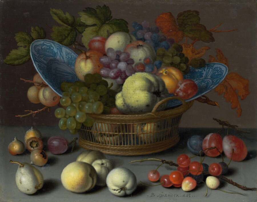 A basket holding a pile of several kinds of fruit and two blue and white porcelain plates nearly fills this horizontal still life painting. More fruit is scattered around the smoke-gray ledge on which the basket sits, and the background is purple-tinged gray. The basket sits near the back edge of the ledge, and it has ribbed sides so pieces of round fruit, perhaps apples, are visible inside. Green, red, and purple grapes, green and orange grape leaves, apples, plums, apricots, an orange, and a quince are piled between the two blue-painted plates, which are propped in the basket at an angle to hold the fruit like cupped hands. More fruit, including plums, quince, cherries, and medlars, cover most of the ledge around the basket. The scene is lit from our left so the fruit casts shadows to our right. The artist signed the painting near the lower right corner, “B. vander. ast.”