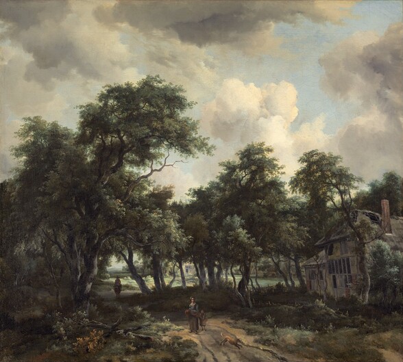 A dilapidated cottage nestles among leafy trees next to a winding dirt road in this square landscape painting. The dirt road runs from the bottom center of the painting into the distance. The cottage sits to the right of the road, encircled by a low, rustic fence. There are holes in the roof, and the whole building leans a bit to our left. The wall we can see has areas of gray, mustard yellow, and brick red, and some panels and windows are missing. Other windows have diamond-shaped panes. Gnarled sage and olive-green trees and scrubby dark green underbrush surround the hut and grow on the other side of the road, to our left. Trees on the far side of the cottage form a line between it and a spring-green lawn that leads back to a butter-yellow house. A woman and child stand in the road facing us as a thin, light brown dog scampers in our direction. The woman holds a rust-orange bundle in her arms. Further up the road, a man on horseback rides away from the woman and child toward the yellow house. Dark gray and white clouds drift in a powder-blue sky overhead.