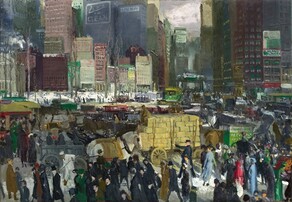 We look slightly down onto a crush of pedestrians, horse-drawn carriages, wagons, and streetcars enclosed by a row of densely spaced buildings and skyscrapers opposite us in this horizontal painting. The street in front of us is alive with action but the overall color palette is subdued with burgundy, grays, and black punctuated by bright spots of harvest yellow, shamrock green, apple-red, and white. Most of the people wear long dark coats and black hats but a few draw the eye. For instance, in a patch of sunlight in the lower right corner, three women wearing a light blue, scarlet, or emerald green dress stand out from the crowd. The sunlight also highlights a white spot on the ground, probably snow, amid the crowd to our right. Beyond the band of people in the street close to us, more people fill in the space around carriages, wagons, and trolleys, and a large horse-drawn cart piled with large yellow blocks, perhaps hay, at the center of the composition. A little in the distance to our left, a few bare trees stand around a patch of white ground, perhaps a snowy park or ice rink. Beyond that, in the top half of the painting, city buildings are blocked in with rectangles of muted red, gray, and tan. Shorter buildings, about six to ten stories high, cluster in front of taller buildings that reach off the top edge of the painting. The band of skyscrapers is broken only by a small, gray patch of sky visible in a gap between the buildings to our right of center, along the top of the canvas. White smoke rises from a few chimneys and billboards and advertisements are painted onto the fronts of some of the buildings. The paint is loosely applied, so many of the people and objects are created with only a few swipes of the brush, which makes many of the details indistinct. The artist signed the work with pine green paint near the lower left corner: “Geo Bellows.”