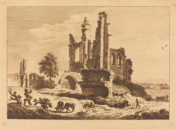 Ruined Abbey with Cattle and a Man Chopping Wood
