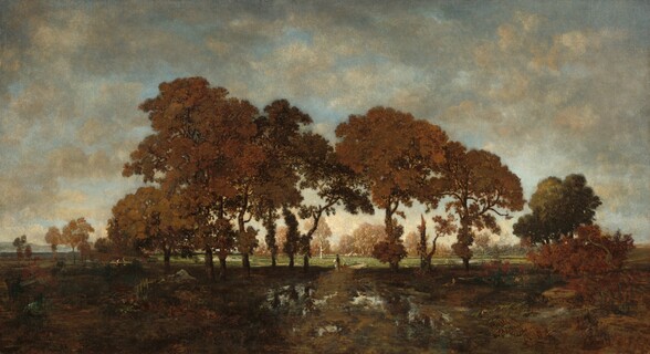 We look across a waterlogged path at a line of rust-red and bronze-brown trees that nearly span the width of this horizontal landscape painting. The scene is loosely painted, which creates a blurred look. The land closest to us is in shadow and many details are difficult to make out, but pockets of bright, ice blue suggest water reflecting the pale sky above. The trees across from us have thin, spindly trunks and billowing dark red and brown canopies. A few swipes of brown, crimson red, and white suggest a person, perhaps on horseback, and perhaps a second person, a child, on the path under the trees. A line of shadow falls just beyond the trees, and a strip of brightly lit green lawn stretches back to the horizon, which comes a third of the way up the painting. More trees lining the horizon in the distance have ash-white trunks and copper-pink leaves. The blue sky above is veiled with a screen of thin fog-gray and parchment-white clouds.