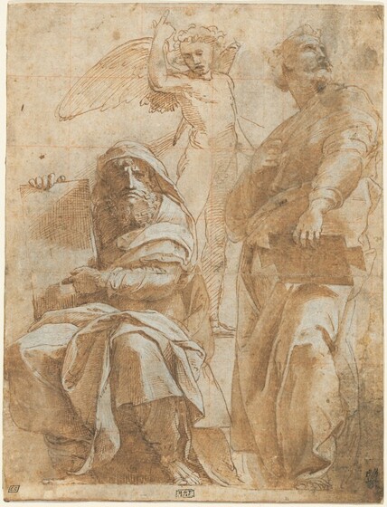 Drawn with brown ink and shaded with tan washes on cream-white paper, two bearded men wearing robes, with a smaller, nude, winged boy between them, fill this vertical drawing. At the center top of the paper, the angel faces us, gazing down to our left with open mouth and eyebrows drawn together. He has curly hair and lifts his muscular right arm, on our left, with his index finger pointed upward. Crosshatched lines define his body, and quick, curved lines shade his outstretched wings. To our right, one man stands with his body facing the center of the sheet but he turns his head to look up off the top right corner. He has curling hair, a wide mustache, and perhaps a goatee, though his chin is partially hidden by a dark spot on the paper. He has broad shoulders, a thick neck, large hands, and a hint of a muscular leg under his flowing, voluminous robes. He holds a flat, oblong object, possibly a stone tablet, perched on his slightly bent left knee. Seated to our left, the other man faces and looks at us. He also grasps a flat, tablet-like object but holds it up, braced on his right thigh, to our left, and points to it with his other hand. This man also is solidly built and swathed in robes, with a hood over his curly hair. He leans forward, knees apart, and stares out with his brows deeply furrowed. His downturned mouth is set in a bushy, curly beard. Near the bottom of the picture, the bare feet of the two men emerge from the folds of their robes. Touches of white washes on the folds of the robes create a sense of light coming from above and to our right, and charcoal lines reinforce the shadows. A grid is lightly drawn in red chalk lines over the composition. A black stamp in the lower left has the letters “E.C” and another at the center reads, “H de T. STAT.”