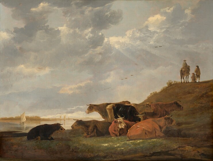 Eight cows bathed in warm sunlight stand and lie on a riverbank carpeted in mossy green in this horizontal painting. The cows are amber, ginger, or tawny brown, bone white, or black, and all have short, curving horns. Seven are clustered closely together, at the bottom center of the painting. There, one tawny red cow with a white face looks at or toward us as it lies at the middle of the grouping, legs tucked under her big body. The eighth cow is black with a white face, and lies just to our left of the group. Behind the cows, to our right, a hill rises about halfway up the right side of the composition. Three men meet at the top. One man is on horseback with his back to us, while the other two stand to the right holding tall staffs. They are dressed in sage-green, tan, or peanut-brown tunics and knee-length pants, and they all wear hats. Beyond the cows, the silvery-blue river extends back to a row of low trees in the deep distance on the horizon, which comes about a quarter of the way up the composition. A few sailboats with white sails navigate the waterway. The sky, which takes up about three-quarters of the composition, is filled with puffy white, pale gray, and shell-pink clouds. A shaft of sunlight breaks through the clouds near the top center of the composition and falls toward the men on the hill. Birds flying in a loose band are painted with a few swipes of brown, tiny in the distance. The artist signed the lower right, “A:Cuijp.”
