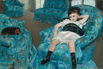 A small brown dog and a pale-skinned little girl wearing a white dress sit in matching celestial-blue armchairs in this horizontal painting. To our right, the girl sits with her legs angled to our left. She slumps back with her legs spread, and her left elbow, on our right, is bent so that hand rests behind her head. Her other elbow is draped over the armrest. Her dark brown hair appears to be pulled back, and tawny brown eyes under faint brows gaze down and to our left. She has a small nose set in a round face and a coral-pink mouth closed in a straight line. Her white dress has touches of gray, soft pink, and powder blue with a wide plaid sash around her waist. The pine-green, black, and sapphire-blue sash is accented with overlapping vertical and horizontal lines of burnt orange, light blue, and mustard yellow. Her socks match her sash and come up to mid-calf, over black shoes with silver buckles. The small dog has scruffy black fur and a russet-brown face. It lies curled in the chair opposite the girl, to our left, with its eyes closed and ears pricked up. The rounded backs of the upholstered chairs curve down to become the low arms. The vivid and light blue fabric of the chairs is scattered with loosely painted strokes of avocado and forest green, peach pink, cherry red, plum purple, and white. Beyond the chairs closest to us is another armchair and an armless loveseat, both covered with the same fabric. They sit at the back of the room, in a corner flooded with silvery light coming through four windows on the right side. The furniture is arranged on a peanut-brown floor. The artist signed in the lower left, “Mary Cassatt.”