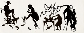 Ink-black silhouettes against a white background show men and women engaged in four surreal, nightmarish, sexually suggestive or explicit vignettes. Each vignette takes up about a quarter of the vertical space. To the left, a tall, thin man with noticeably full, protruding lips and a snub nose faces our right in profile, wearing a broad-brimmed hat. A fish hangs from one end of a rod held by one hip. The man stands on one foot and the other knee is bent so that foot is raised in front of him. Two people kneel at the man's feet. To our left, a nude woman expresses milk from one breast with one hand and holds a gnarled, mossy stick behind her bottom with the other. Her mouth is open, and the tied ends of the kerchief covering her hair stick up from the crown of her head. A second person, perhaps a boy, is on one hand and knees near the man's raised foot. The boy holds one hand at the small of his back, and his lips are also parted. He wears a long-sleeved shirt with ties at the throat, and a band near his knees suggests the folded-down top of tall boots. A smaller fish hangs from a stick near his abdomen, and there are silhouettes of six more fish in the empty space beneath this vignette. In the next vignette, a woman faces our left in profile. Her full lips are slightly parted, and her hair is closely bound or cropped. She is bare chested and wears a knee-length skirt. She looks down at a mallet she holds in one hand near her chest, and the stems of two branches with sprays of roots beneath seem nailed or driven through her feet. In the third vignette, second from the right, a nude woman lays on a table with her back arched and legs flailing high in the air, as a man holds his hand at her genitalia. The woman's hair is twisted into short tips and her lips are parted. She raises her head to look down past a firm, bare breast toward the man, one arm hanging down off the table, fingers crooked and spread wide. Slightly crouching, the man has thin closed lips, a furrowed brow, long, hooked nose. He wears a ruffled shirt, a knee-length apron, and pointed shoes. One hand reaches to the woman's groin and the other rests on the back of his hip. A knife and a second instrument with a long, narrow blade dangle from the end of the table near the woman's head. A pheasant-like bird lies near the woman's outstretched hand. Strings of sausages float or are strung up over the pair, with one shorter string crossing into the vignette to the left. Another string of sausages drapes over the head of the man in the final vignette, to our right. Facing our right in profile, the man is clothed with a big belly, a pointed goatee, full, parted lips, and two peg legs. One hand loosely holds the top of a cracked cane behind his back, and with the other he holds a sausage near his mouth. The inverted nude woman in front of him stands on her hands, her buttocks lined up with and close to his groin. Links of a chain seem to pass around her waist, and possibly around the man. Her back arches and her knees are slightly bent, her feet near the man's face. A braid or twist of hair tied with a bow hangs down over the back of her head, and there is a skeleton key near her mouth, which is wide open.