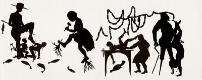 Black silhouettes against a white background show men and women engaged in four surreal, nightmarish, sexually suggestive or explicit vignettes. Each vignette takes up about a quarter of the vertical space. To the left, a tall, thin man with noticeably full, protruding lips and a snub nose faces our right in profile, wearing a broad-brimmed hat. A fish hangs from one end of a rod held by one hip. The man stands on one foot, and the other knee is bent so that foot is raised in front of him. Two people kneel at the man’s feet. To our left, a nude woman expresses milk from one breast with one hand and holds a gnarled, mossy stick behind her bottom with the other. Her mouth is open, and the tied ends of the kerchief covering her hair stick up from the crown of her head. A second person, perhaps a boy, is on one hand and knees near the man’s raised foot. The boy holds his other hand at the small of his back, and his lips are also parted. He wears a long-sleeved shirt with ties at the throat, and a band near his knees suggests the folded-down top of tall boots. A smaller fish hangs from a stick near his abdomen, and there are silhouettes of six more fish in the empty space beneath this vignette. In the next vignette, a woman faces our left in profile. Her full lips are slightly parted, and her hair is closely bound or cropped. She is bare chested and wears a knee-length skirt. Her head tilts down toward a mallet she holds in one hand near her chest, and the stems of two branches with sprays of roots beneath seem nailed or driven through her feet. In the third vignette, second from the right, a nude woman lays on a table with her back arched and legs flailing high in the air, as a man holds his hand at her genitalia. The woman’s hair is twisted into short tips and her lips are parted. She raises her head to look down past a firm, bare breast toward the man, one arm hanging down off the table, fingers crooked and spread wide. Slightly crouching, the man has a projecting brow, a long, hooked nose, and a slight double chin. He wears a ruffled shirt, a knee-length apron, and pointed shoes. One hand reaches to the woman’s groin and the other rests on the back of his hip. A knife and a second instrument with a long, narrow blade dangle from the end of the table near the woman’s head. A pheasant-like bird lies under the table near the woman’s outstretched hand. Strings of sausages float or are strung up over the pair, with one shorter string crossing into the vignette to the left. Another string of sausages drapes over the head of the man in the final vignette, to our right. Facing our right in profile, the man is clothed with a big belly, a pointed goatee, full, parted lips, and two peg legs. One hand loosely holds the top of a cracked cane behind his back, and with the other he holds a sausage near his mouth. The inverted nude woman in front of him stands on her hands, her buttocks lined up with and close to his groin. Links of a chain seem to pass around her waist, and possibly around the man. Her back arches and her knees are slightly bent, her feet near the man’s face. A braid or twist of hair tied with a bow hangs down over the back of her head, and there is a skeleton key near her mouth, which is wide open.