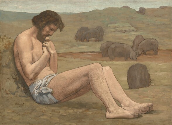 A nearly nude man with a pale, peach complexion sits on the ground facing our right in profile, leaning back on a mound with his legs extended in front of him and hands gathered at his chest under his bowed head in this wide, horizontal painting. The man's body almost spans the width of the composition. He wears only a light, slate-blue loincloth wound around his hips. He has a straight nose, a brown beard, and his hair falls past his ears. Diffused light creates a subtle shadow on his face and the backs of his bent knees. The landscape behind him is painted with sage-green and peanut-brown hills. Several darker brown hogs nuzzle in a mud puddle and stand in the meadow beyond the man. The horizon almost reaches the top edge of the composition, and the narrow band of sky is pale blue, nearly white.
