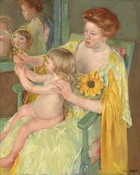 We look slightly down onto a woman dressed in golden yellows, sitting in a pale green chair, with a nude child sitting in her lap as they both gaze into a mirror in this vertical portrait painting. Both the people have pale, peachy skin. The chair is angled to our left so the woman’s knees and child cant down toward the lower left corner of the composition, and the woman leans onto the arm closer to us. The chair is painted mint green and the rose-pink upholstery is visible on the seat and a corner behind the woman’s shoulder. To our right, the woman’s vibrant, copper-colored hair is pulled loosely to the back of her head. She has a rounded nose, flushed cheeks, and her full, coral-pink lips are closed. Her long dress has a low, U-shaped neckline. The fabric shimmers from pale, cucumber green to light sunshine yellow. The sleeves of the dress split over the shoulder and a second long, goldenrod-yellow sleeve falls from her elbow off the bottom edge of the canvas. An oversized sunflower, larger than the woman’s face, is affixed to her dress near her left shoulder, closer to us. She looks with dark eyes down toward the small, gold-rimmed mirror she holds in her right hand, farther from us. The child also holds the handle of the mirror with both hands, and in the reflection, the child looks back at us with dark eyes, a button nose, and pink lips. The child’s hair in the reflection is the same copper color as the woman’s, but the child on her lap has blond, shoulder-length hair. The woman rests one hand on the child’s left shoulder, closer to us. The child has a rounded belly and smooth, rosy limbs. The woman and child are reflected in a second mirror hanging on the wall alongside them, opposite us. Their reflections are very loosely painted. The wall behind the pair is sage green across the top and it shifts to fawn brown across the bottom. Brushstrokes are visible throughout, especially in the woman’s dress and hair, and are more blended in the bodies and faces. The artist signed the painting in the lower right corner, “Mary Cassatt.”