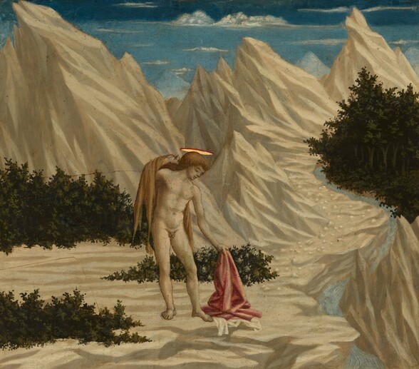 A young, nude, light-skinned man stands in the center of a rocky, mountainous landscape in this square painting. The man’s muscular body faces us but he turns his head in profile to our right as he looks down at the coral-red cloth he drops onto the ground. He is cleanshaven with prominent eyebrows, a straight nose, and his lips are slightly parted. He has thick, reddish-brown hair with bangs across his forehead, and there is a red-edged, glimmering, gold, plate-like halo across the crown of his head. He leans slightly to the side as he drops the red cloth onto a white one, already on the ground. With his other hand, he holds a fawn-brown animal skin or cloth over that shoulder. The man is surrounded by tan and parchment-brown, deeply ridged, mostly barren mountains. The pointed peaks nearly reach the top of the painting. The rocky mountains are interspersed with a few dark green bushes. A light blue stream curves in a shallow S shape along the right side of the painting. Peaks in the far distance are icy blue against a sky that deepens from topaz blue along the horizon to navy blue at the top edge. Some puffy and some thin white clouds float across the sky.