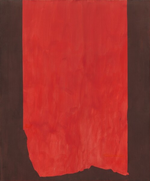 A broad swath of brilliant, crimson-red paint sweeps down from the top edge of this canvas to fill most of this abstract, vertical composition. The sides of the red field are straight, and the bottom edge is irregular. The red is mottled and streaked. The areas to each side of the red field and along the bottom of the canvas are coffee brown. A slender drip of the brown has fallen down the red area, near the right bottom corner. The artist signed and dated the painting near the lower right corner of the red field: “Barnett Newman 1952.”