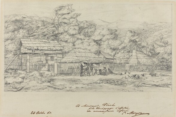 Greniers indigenes et habitations a Akaroa, presqu
