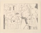 Eleven tightly grouped people, most playing musical instruments, fill this abstracted, horizontal composition, which is drawn with graphite on cream-colored paper. The people’s facial features, including almond-shaped eyes, wide noses, lips, and round faces, as well as their hands and blocky bodies, are drawn simply with single lines and no shading. In the lower right corner, the man holds two drumsticks over a snare drum as he looks to our right with his lips parted. There is an oval shaped patch of gray above his left eye, to our right, where his eye socket would be, and a single line straight across his forehead. To our left, one man stands playing a clarinet with an open book in front of him, and the musician next to him plays a guitar. Two triangles under the guitarist’s chin suggest a collar or bowtie. In a second row, above and presumably behind this front row, three people play saxophones in the upper right and at least one more plays a horn in the upper left, facing our left in profile. Fragments of a few more faces and profiles are tucked among the group. A line around the scene creates the rectangle containing the musicians, and there is a wide margin of blank paper around the edge of the sheet. The artist signed the work in the upper left corner, within the margin, “Rom are bear den.” 