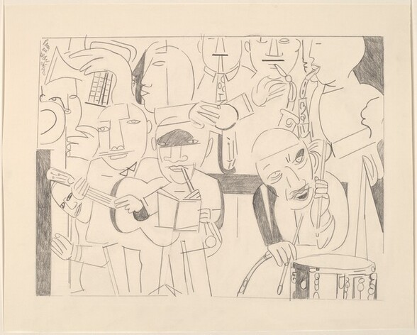 Eleven tightly grouped people, most playing musical instruments, fill this abstracted, horizontal composition, which is drawn with graphite on cream-colored paper. The people’s facial features, including almond-shaped eyes, wide noses, lips, and round faces, as well as their hands and blocky bodies, are drawn simply with single lines and no shading. In the lower right corner, the man holds two drumsticks over a snare drum as he looks to our right with his lips parted. There is an oval shaped patch of gray above his left eye, to our right, where his eye socket would be, and a single line straight across his forehead. To our left, one man stands playing a clarinet with an open book in front of him, and the musician next to him plays a guitar. Two triangles under the guitarist’s chin suggest a collar or bowtie. In a second row, above and presumably behind this front row, three people play saxophones in the upper right and at least one more plays a horn in the upper left, facing our left in profile. Fragments of a few more faces and profiles are tucked among the group. A line around the scene creates the rectangle containing the musicians, and there is a wide margin of blank paper around the edge of the sheet. The artist signed the work in the upper left corner, within the margin, “Rom are bear den.”