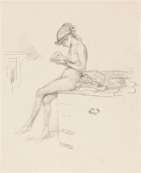 Printed with gray lines and shading on cream-colored paper, a slender, nude young woman sits on a partially drawn cabinet in this vertical lithograph. She is just left of center with her body facing our left, almost in profile. A kerchief covers her upswept hair, and some loose curls escape onto her forehead. Her legs are crossed, and she tilts her head down looks at an object, possibly a book, in her hands, held in front of her chest. She leans a little back onto a loosely drawn pile behind her on the cabinet on which she sits. Her body is outlined along the curve of her neck, back, belly and thighs. The contours of her body are delicately shaded within that outline, and the texture of the paper is visible. The cabinet beneath her is suggested with a few lines. A few curving lines could be a stylized vine and leaf decoration on the side of the cabinet facing us. A few vertical and parallel lines to our left could be another piece of furniture in the background.