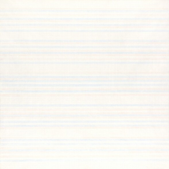 Narrow, horizontal bands of oyster white, pale blue, and faint peach, separated by denim-blue lines like a ruled sheet of paper, fill this square painting. The white, peach, and blue bands do not make a pattern, and there are a few areas where several white rows are clustered, including along the bottom edge.