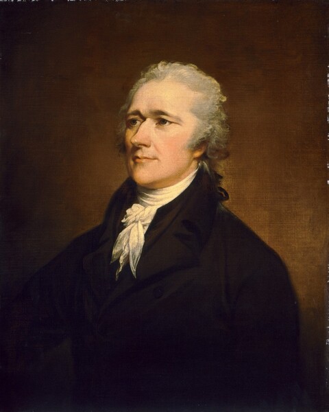 Shown from the chest up, a pale-skinned, clean-shaven man wearing black looks off to our left against a dark brown background in this vertical portrait painting. His shoulders are angled to our left and he gazes off with steady, dark eyes. He has low, dark brows, a bumped nose, a strong jaw, a pointed chin, and his lips curl in a slight smile. His gray hair is brushed back from his forehead and gathered loosely at the nape of his neck. The sideburn we can see is a row of gray curls angling down over the ear. A cream-white ascot is tied in a bow around his neck and tucked into the collar of his black coat. His left arm, closer to us, is by his side and his other arm is held out so it angles into the lower left corner. Light from our left creates an amber glow around his face on the otherwise dark background.