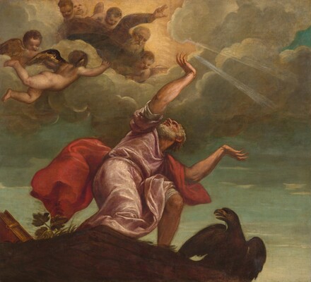 From far below, we look up at an older man with standing on a cliff edge or rocky ledge with his arms raised as he turns his head to gaze up to a second man and winged, child-like angels surrounded by clouds in the sky above in this square painting. All the people have pale, peachy skin. The man on the ledge, Saint John, half crouches with knees bent so his body is angled to our right, and he turns his head back to our left to look up to the clouds. Both hands are raised with palms facing up. Saint John has a short, curly white beard and hair, and we see the bottom of his chin, nose, and eyes under heavy brows. He wears a light, rose-pink tunic with crimson drapery across his shoulders billowing around his body. Next to him on the rocky ledge is a book with a scarlet-red cover to our left and a brown eagle to our right. The eagle slightly lifts its wings and looks to our left in profile, mouth open and tongue visible. Tufts of grass and plants grow near Saint John’s feet. The aqua-colored sky fills most of the composition behind Saint John, and a bank of silvery gray clouds lit with pale yellow swirls across the top half of the painting. At the center of the clouds, the second man has a long, white beard and white hair, and wears a muted plum-purple robe. He raises his right hand, to our left, palm down with the first two fingers and thumb extended. Six winged, nude young children nestle near this second man or flutter among the clouds.
