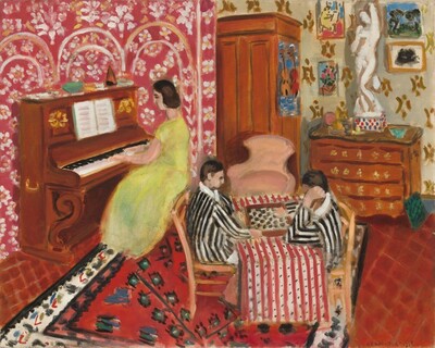A woman plays an upright piano as two boys play checkers at a table in this horizontal painting. The scene is loosely painted with areas of flat color and pattern. The people have pale, peachy skin and dark brown hair. Their facial features are painted with dots or short strokes of black. The piano is against the wall to our left. The woman wears a short-sleeved, lemon-yellow dress with a long skirt. A music book is propped on the music stand, and loosely painted objects line the top of the instrument. The wall behind the piano is patterned with white and pale yellow flowers under and around arches against a cranberry-red background. The table where the boys play is in the middle of the room. The players sit in wooden chairs and wear black and white striped jackets with white collars. The boy to our right looks at the board while resting his left cheek, closer to us, in his hand. The other boy looks on with his arms on the table in front of him. The checkerboard sits on a red and white striped cloth, which has lines of black dots in the white strips. Beneath the table is a floral rug with blue and black flowers against a red background. The border is painted loosely with leafy shapes against bright white. Beneath the area rug the floor or another carpet is garnet red with a diamond-shaped grid painted in orange. A petal-pink, upholstered chair sits in front of a tall wardrobe in the back corner of the room. A picture with two violins against a blue background hangs on the side of the furniture to our right. A chest of drawers next to the wardrobe holds a few bowls or objects and a white statue, about half human height. The statue is of a person standing with one knee bent in front of the other, one elbow tucked by the side with that hand held to the chest, and the other bent elbow raised overhead. Pictures hang on the wall around the statue, and the wallpaper there is ivory white with a dark yellow pattern. The artist signed the work in the lower right corner, “Henri Matisse.”