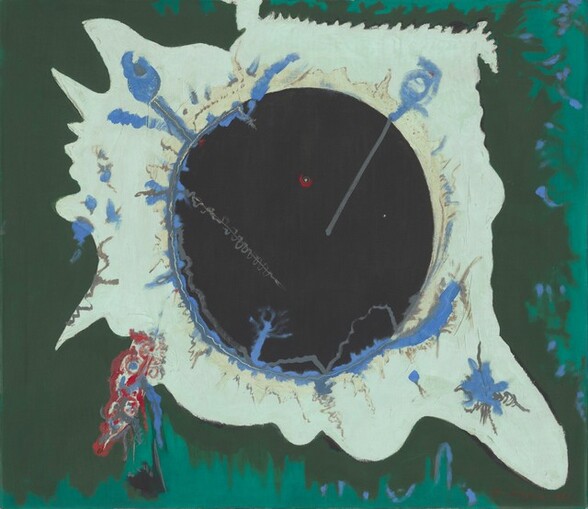 At the center of this abstract composition, a black circle is layered over an area of pale aqua, curving like a rain puddle, against a background of forest green in this nearly square painting. The edge of the black circle is lined with periwinkle blue around the bottom left half. A few streaks of the blue seep or drip into the black circle. Above the center of the large black circle, a delicate white circle is drawn around a small white dot, and a swipe of scarlet red curves around the bottom half of the white circle. The aqua form is serrated at the top right and bulges with curves and spikes around the rest of the circle. One pointed, aqua-colored spike at the bottom left is painted over with swirls and scrolls in the scarlet red and periwinkle blue. More periwinkle blue squiggles and lines are drawn against the aqua field, especially around its perimeter. The area filling the space between the aqua puddle and the edge of the canvas is pine green to the top and left, and is streaked with teal green along the bottom and right edges. The artist signed and dated the work in the lower right corner: “Barnett Newman 1946.”