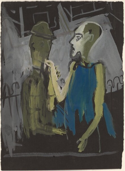 Two Figures Standing Near a Fence at Night