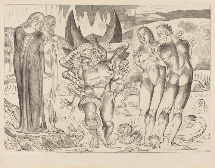 William Blake, The Circle of the Thieves; Agnolo Brunelleschi Attacked by a Six-Footed Serpent, 1827