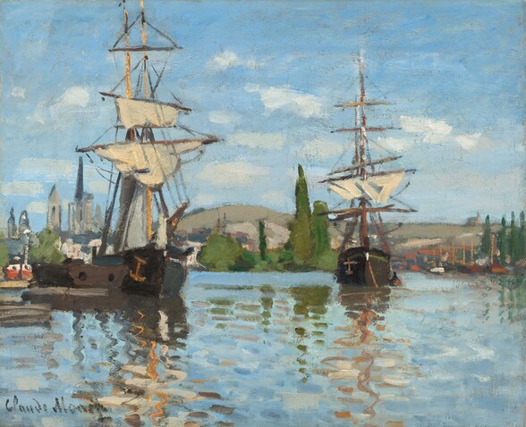 We look across the water at two sailing ships with cream-white sails and dark rigging floating in a shimmering, ice-blue river against a distant shore lined with trees, hills, and buildings in this nearly square landscape painting. The horizon comes about halfway up the painting, and the ships’ masts and sails are silhouetted against a topaz-blue sky with wispy white clouds. The scene is loosely painted with visible brushstrokes throughout so many of the details are indistinct. One boat floats near the left edge of the painting and the second is situated a little father back, to our right of center. Both have rust-orange anchors painted near the pointed bows, which face us. Tall, narrow, asparagus-green trees line the far riverbank between the boats. Tall spires and towers of buildings rise in a cluster to our left near that edge of the canvas, and boats cluster near the distant shore to our right. Oatmeal-brown hills rise beyond the trees and town. The trees and boats are reflected in the water, which is painted with horizontal dashes and squiggles. The artist signed the painting in the lower left, “Claude Monet.”