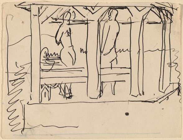 Two Figures Standing Underneath a Shelter [recto]