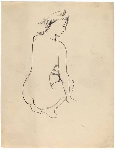 Crouching Female Nude Seen from Behind, Face Looking Down to Right