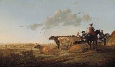 Warm sunlight bathes a scene with a herd of five golden tan, ivory, or chocolate-brown cows lying or standing on a low hill near four people on foot and on horseback in this horizontal landscape painting. The people all have pale, peachy skin. The horizon line is about a quarter of the way up the composition and is lined in the deep distance with spires rising over trees. Close to us and at the center of the composition, two cows look off to our left in profile; one is caramel brown and lies on the ground in front of a standing, gray cow. The three remaining cows cluster to our right and look off that side of the painting. One of two standing cows is ivory and the other is brown with a white face. The fifth cow lies down and is the same pale brown color of the other reclining cow. Two men riding horses converse with two people on foot to our right of and slightly behind the cows. The person closest to us rides a black horse and faces away from us. He wears a plumed hat and a red cape draped over a blue-gray coat, and he carries a long, thin rod. He looks toward the two people on foot farther back behind the cows. One standing person wears a gray coat, a floppy black, plumed hat, and holds a long staff in one hand and points to our right with the other. The other standing person wears a straw hat over blond hair and wears a blue garment over a white shirt. Near the right edge of the painting, the other horseman wears a gray coat and a brown cap over brown hair. He rides a silvery gray horse and looks back over his shoulder toward the interaction or herd. Birds fly in the distance in the watery blue sky below a bank of dove-gray clouds.