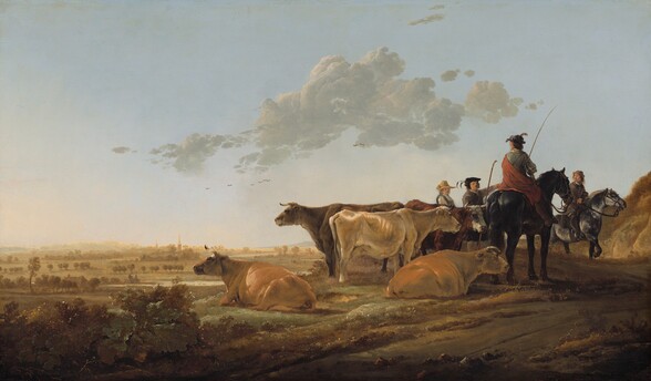 Warm sunlight bathes a scene with a herd of five golden tan, ivory, or chocolate-brown cows lying or standing on a low hill near four people on foot and on horseback in this horizontal landscape painting. The people all have pale, peachy skin. The horizon line is about a quarter of the way up the composition and is lined in the deep distance with spires rising over trees. Close to us and at the center of the composition, two cows look off to our left in profile; one is caramel-brown and lies on the ground in front of a standing, gray cow. The three remaining cows cluster to our right and look off that side of the painting. One of two standing cows is ivory and the other is brown with a white face. The fifth cow lies down and is the same pale brown color of the other reclining cow. Two men riding horses converse with two people on foot to our right of and slightly behind the cows. The person closest to us rides a black horse and faces away from us. He wears a plumed hat and a red cape draped over a blue-gray coat, and he carries a long, thin rod. He looks toward the two people on foot farther back behind the cows. One standing person wears a gray coat, a floppy black, plumed hat, and holds a long staff in one hand and points to our right with the other. The other standing person wears a straw hat over blond hair and wears a blue garment over a white shirt. Near the right edge of the painting, the other horseman wears a gray coat and a brown cap over brown hair. He rides a silvery gray horse and looks back over his shoulder toward the interaction or herd. Birds fly in the distance in the watery blue sky below a bank of dove-gray clouds.